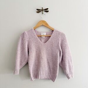 Vintage Silk & Angora Ribbed Knit Half Puff Sleeve V Neck Sweater